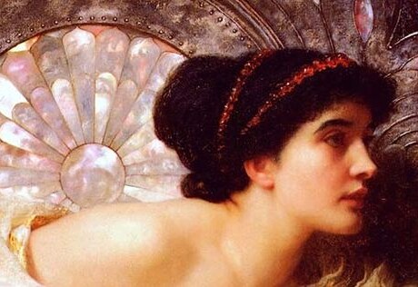Oil painting. A woman looks herself intently in a hand-held mirror. She has black hair pulled back, and idealized Greek profile, and pale skin.