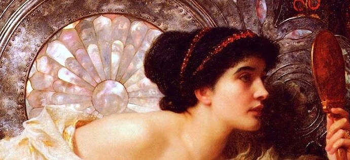 Oil painting. A woman looks herself intently in a hand-held mirror. She has black hair pulled back, and idealized Greek profile, and pale skin.