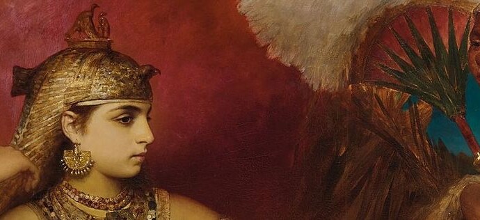 Oil painting of a young reclining Cleopatra. She is in elegant Egyptian garb.