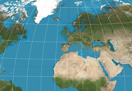 A realistic map of the world. It shows all the continents in green. There are no political divisions. There seem to be 2 or 3 big landmasses.