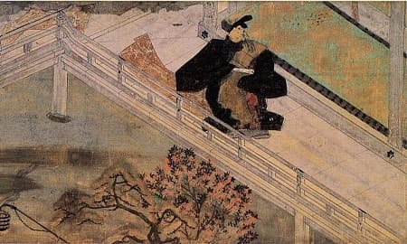 A man wearing traditional Japanese clothes walks through the palace. He holds a scroll.