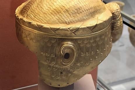 Gold helmet with decorations.