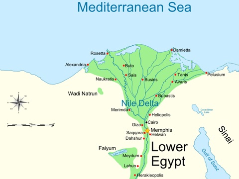 Map of Egypt showing the major ancient cities. Avaris is in the north, close to the Mediterranean Sea.