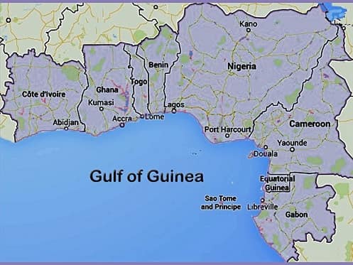 Map of the Gulf of Guinea showing the 8 countries that make up the gulf: Cote d'Ivoire, Ghana, Togo, Benin, Nigeria, Cameroon, Equatorial Guinea, and Gabon.