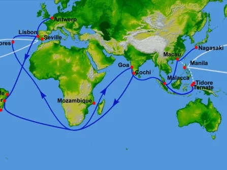 Map of the world with trading routes passing the Straits of Malacca and going from Asia to Africa, Europe and the Americas.