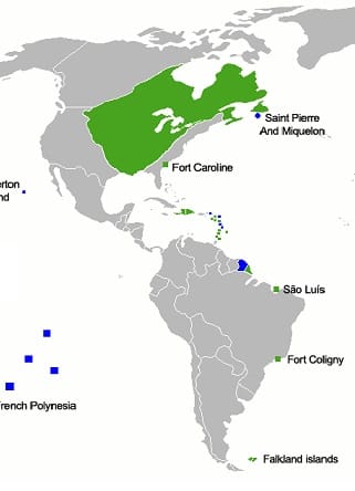 Map of the Americas with French territories in green: most of Canada and the US, some islands in the Caribbean, a spot in northern South America.