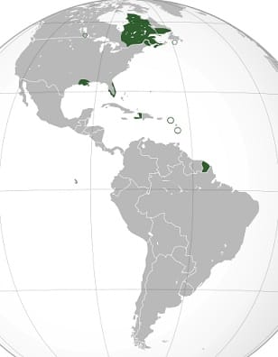 Map of the Americas showing the French territories in green: A bit of Cananda, Florida, some islands in the Caribbean, and a spot in northern South America.