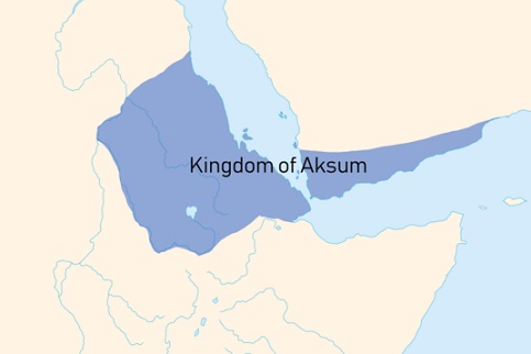 A map of the land surrounding the Red Sea. Aksum comprises lands in Africa and the Arabic Peninsula.