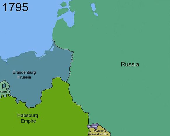 The same map as before but there is no Poland anymore. Russia, Austria, and Prussia are now neighbors.