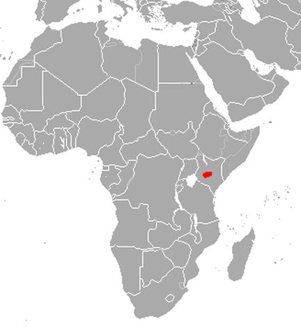 Map of Africa with a small red dot in Kenya showing where the bongos live.