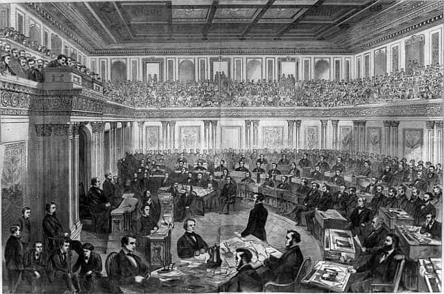Black and white print. It shows the inside of the Senate. It is full of men.