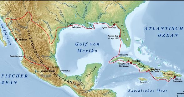 Map of North America showing Nunez Cabeza de Vaca's route. Route starts in the Caribbean with stops in Santo Domingo and Cuba. Then to the mainland: Florida, Texas, and a pretty straight journey all the way West to the Pacific Ocean. Then South to Mexico. It ends in Mexico City, on the 24th of July, 1536.