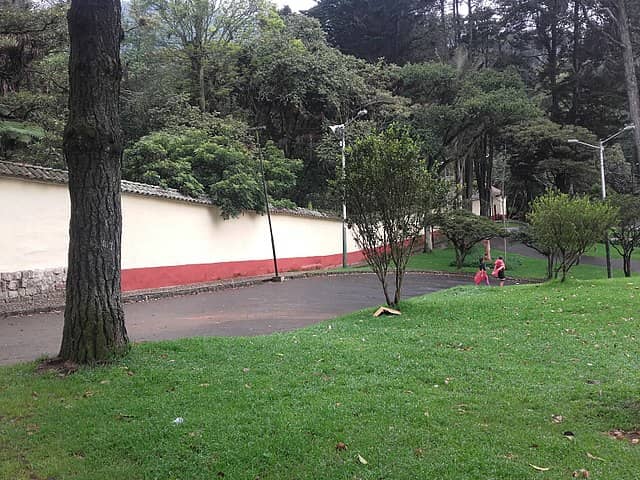 The picture is taken from what looks like a park. On the left is a very long wall and one cannot see its beginning or end. At the other side of the wall are big trees