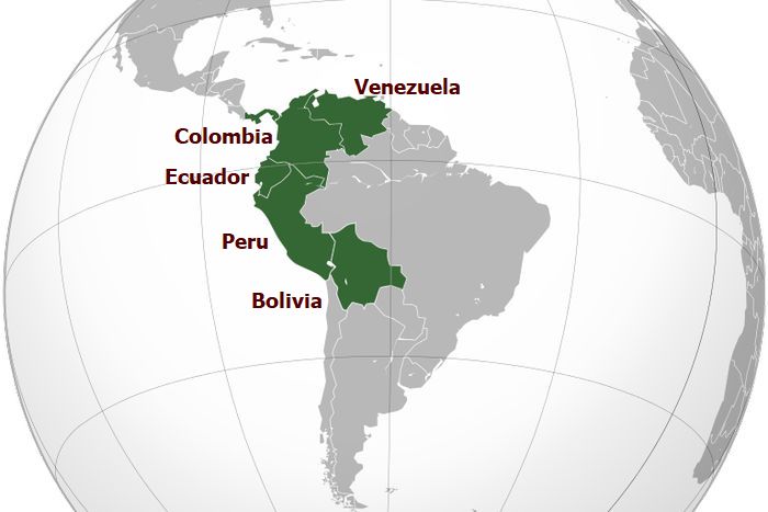 Map of South America showing five countries in green: Venezuela, Colombia, Ecuador, Peru, and Bolivia.