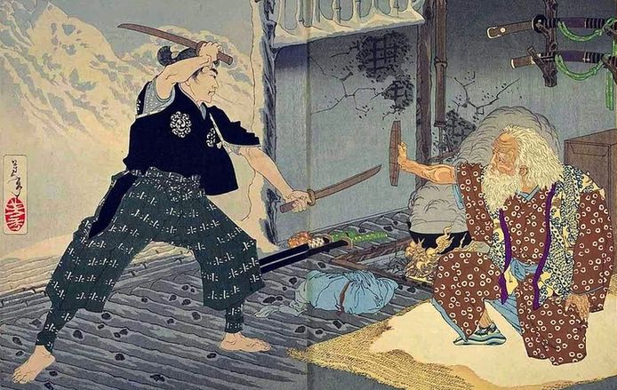 A standing man with two swords charges towards an older man that is sitting down.