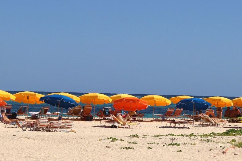 Picture of a nudist beach with many nudists sunbathing, some are under umbrellas.