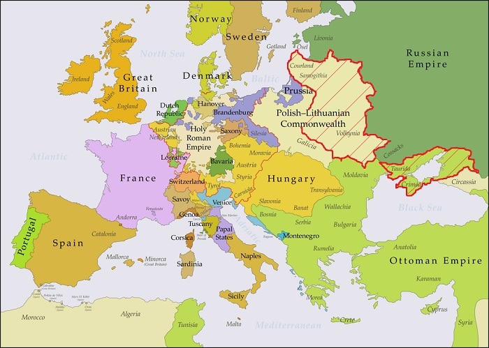 Map of Europe with a large area of the Polish Commonwealth and a bit of the Ottoman Empire marked in red.
