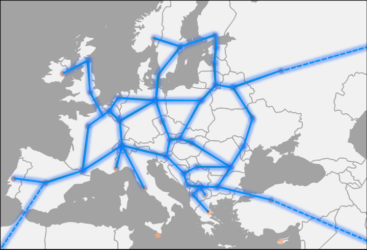 A map of Europe with lines which connect all major cities.