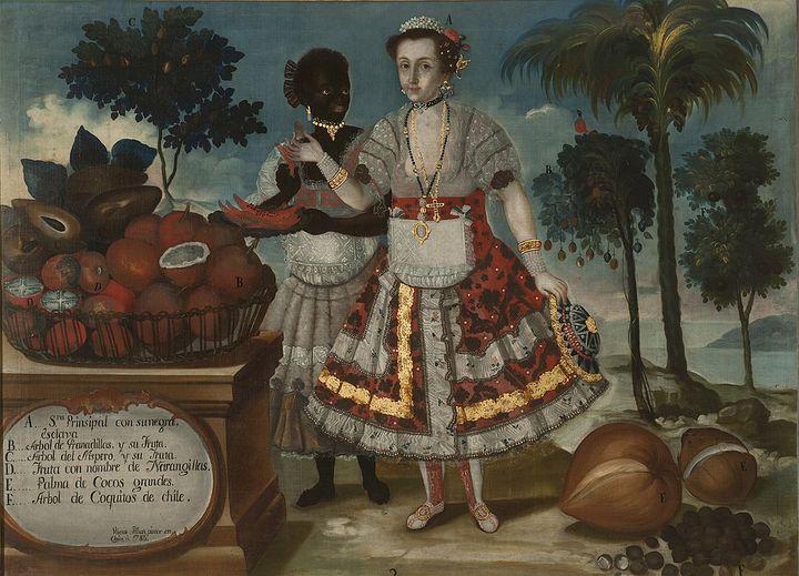 Painting. A white woman stands in the foreground and a black woman stands behind her.