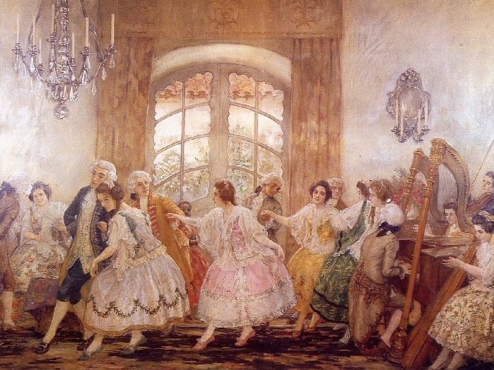 Schilderen. Een chique bal is aan de gang in een paleisachtige kamer. De mannen en vrouwen zijn aan het dansen. Ze zijn allemaal gekleed in dure Europese kleren. Ze zijn allemaal wit. Een man speelt piano en twee vrouwen bespelen harpen.