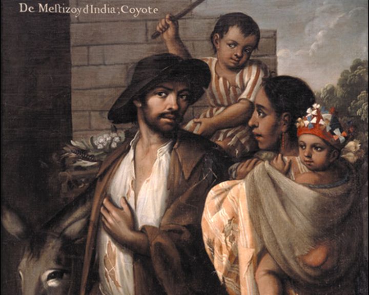 Caste painting of a couple with two children. They are dressed casually. He looks like a European with olive skin, she is Native, and the kids have tanned skins.