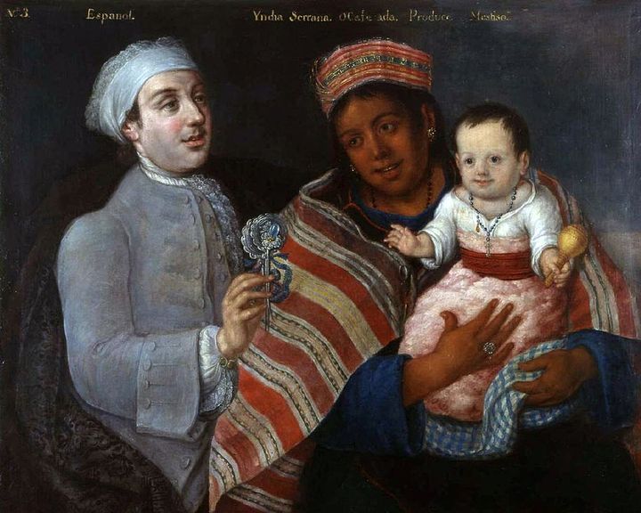 Painting of a couple with a child. A white man, a Native woman, and a mixed-blood child.