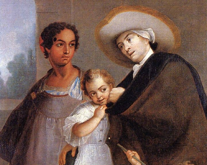 Caste painting of a couple with a child. The man is white, the woman has tan skin, and the child is almost white.