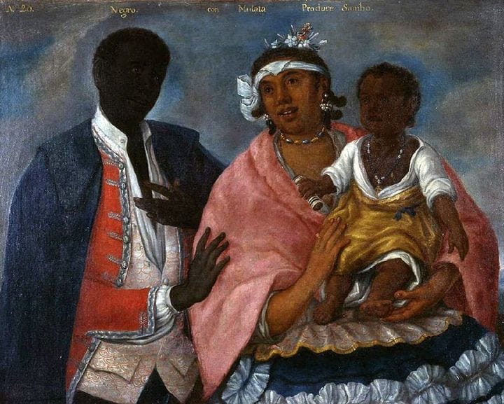 Painting of a couple with a child. The man is black, the woman is less so, and the child's color is somewhere in between theirs.