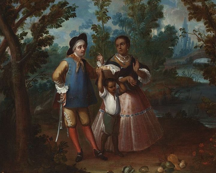 Caste painting of a couple with a child. The man is white, the woman has darkish skin and so does the child.