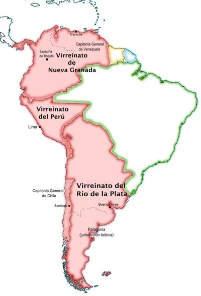 Mappa del Sud America che mostra i tre vicereami. Il Vicereame di Nuova Granada è al nord. Il vicereame del Perù al centro, e il grande vicereame del Rio de la Plata al sud.