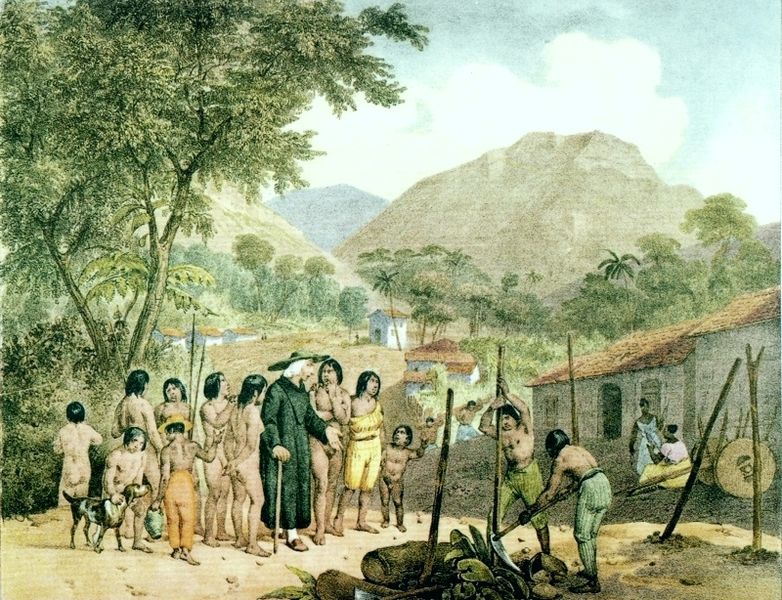 Painting of an idyllic rural scene. A priest walks among Natives.