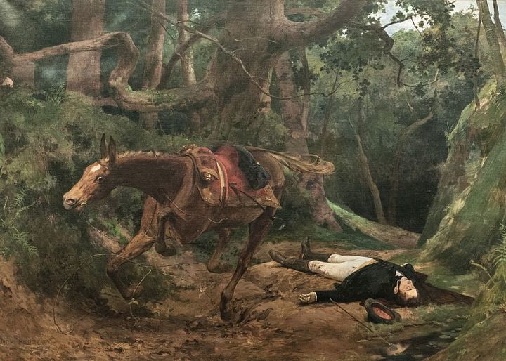 Oil painting. Outdoors scene, in the middle of a forest. A man lies on the forest's floor, dead, while his frightened horse flees.