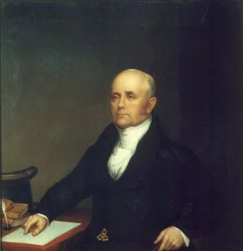 Painting of a man in his sixties. He wears a suit and sits in front of a desk.
