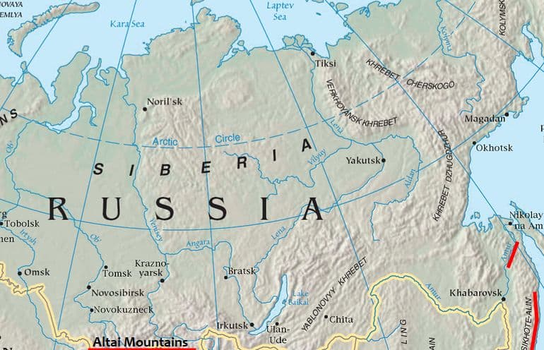 A map of Russia. Siberia is on top. The Altai mountains at the bottom, and the Sikhote Alin mountains in the southeast.