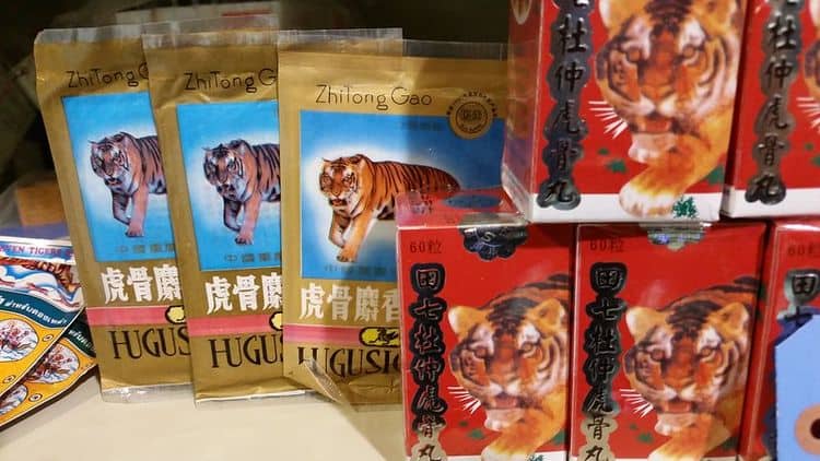 An array of commercial products. All of them have images of tigers and Chinese characters.