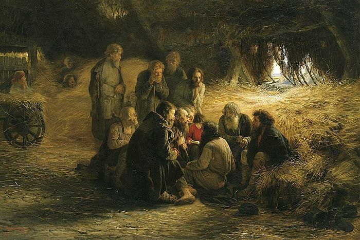 Painting, outdoor, intimate scene. A group of serfs gather around a serf who is reading a document. They all look humble.