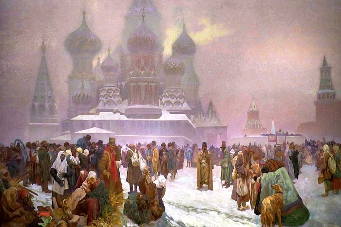 Painting, outdoor scene. Moscow's Red Square. The Kremlin is on the background. A crowd of poor people gather in the square. It is snowing.