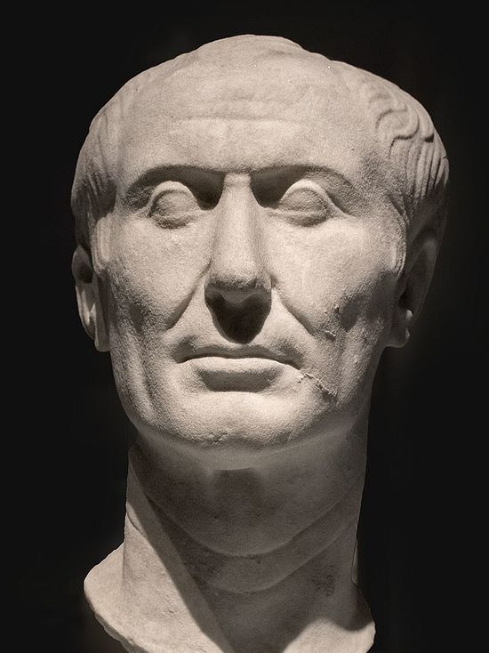 Same bust seen from the front and below. He has a calm, somewhat ironic expression, and a faint smile. His nose is thin and long. He is balding on the top of the head.