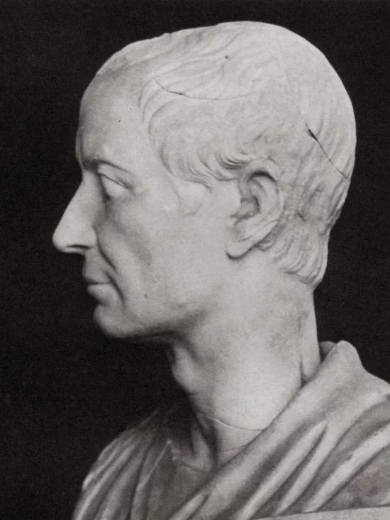 A different white marble bust portraying the same man as the Tusculum bust. Here he is seen from the side and the profile is pretty much the same.