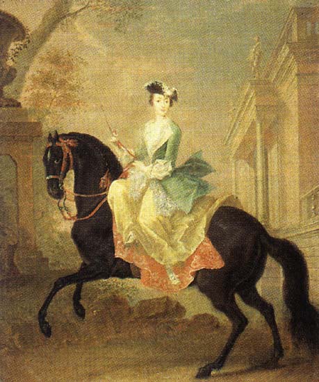 A young woman elegantly dressed riding a horse.