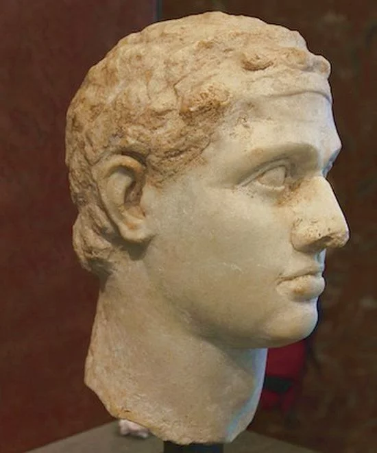 Same marble bust seen from the profile. His nose is slightly aquiline.