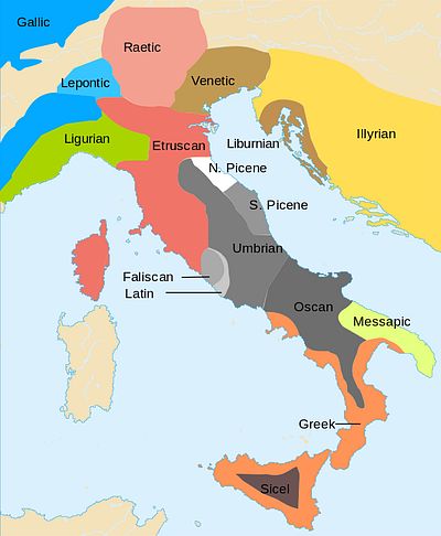 A map of Italy with its different regions marked with colors. It is crowded. There are about 14 regions. Latium is a small strip next to the sea, in central Italy.