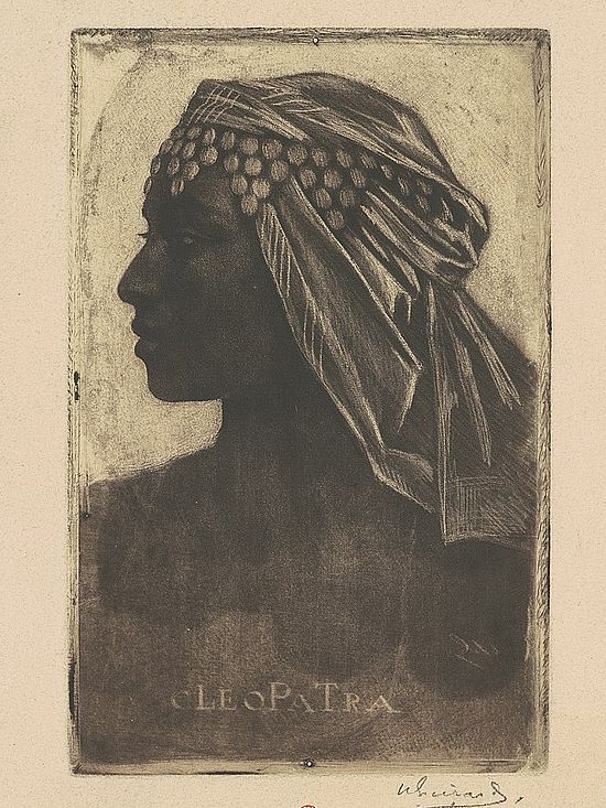 Black and white drawing of a dark-skinned woman, although her facial features are not sub-Saharan African.