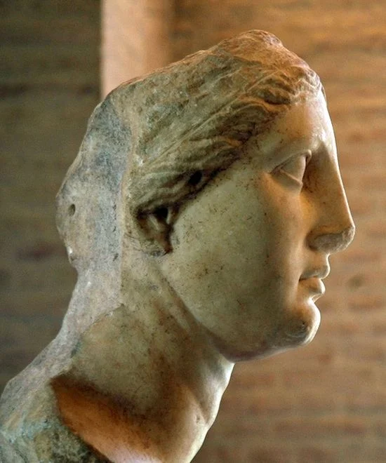Marble bust of a woman. She has a very Greek profile with a long nose, full lips and a prominent rounded chin.