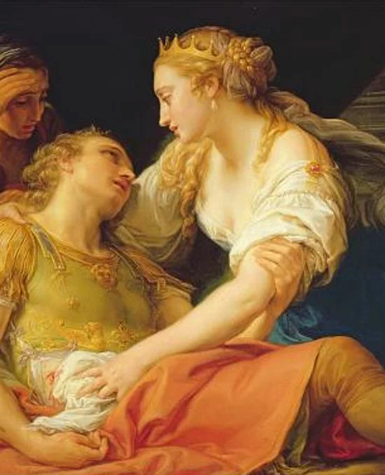 Cleopatra's ethnicity. Oil painting of a couple. The man lies dying while the woman attends him. He is dressed like and ancient Roman general, she is dressed like an Italian woman from the Renaissance. They are both very blond and fair.