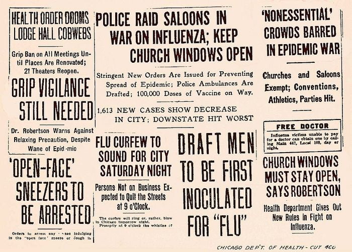 Looks like the front-page of a newspaper. It has many headlines. They read: "Open-face sneezers to be arrested","flu curfew to sound for city Saturday night","Draft men to be first inoculated","Police raid saloons in war on influenza; keep church windows open","Nonessential crowds barred in epidemic war".
