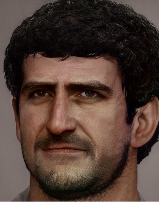 Realistic illustration of a thirty or forty year old man. He is very manly and has strong features. He has dark curly hair and beard. His eyebrows are bushy, his dark eyes are deep-set, he has a very aquiline nose, a thin-lipped mouth, and a powerful jaw.