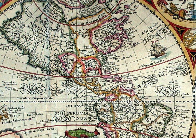 Close-up of the Americas. It has thousands of labels. Not only the coasts have names but there ae also hundreds of names inland. North America is labeled Mexican America. It has some smaller labels saying Florida, Virginia, New France, among others.
