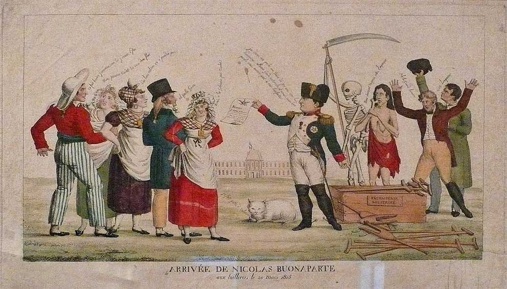 A cartoon. It shows Napoleon disembarking. He is surrounded by people. The title: "Arrive de Nicolas Buonaparte."