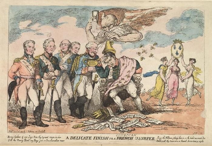A cartoon titled: "A delicate finish to a French usurper." The word French has been struck and above it reads "Corsican."